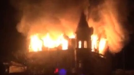 The Broadway Hotel at Woolloongabba, in Brisbane's inner-south, fully engulfed in flames overnight.