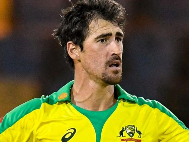 Mitchell Starc of Australia asks a question during the 3rd T20I between Australia and West Indies at Darren Sammy Cricket Ground, Gros Islet, Saint Lucia, on July 12, 2021. (Photo by Randy Brooks / AFP)