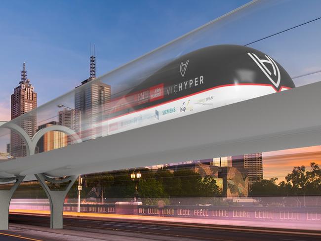 An artist's impression of the Hyperloop pod on Princes Bridge, Melbourne.