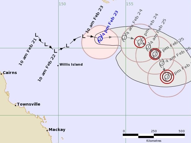 The BOM's latest forecast track map for Tropical Cyclone Alfred has it as a category 3 on Tuesday.