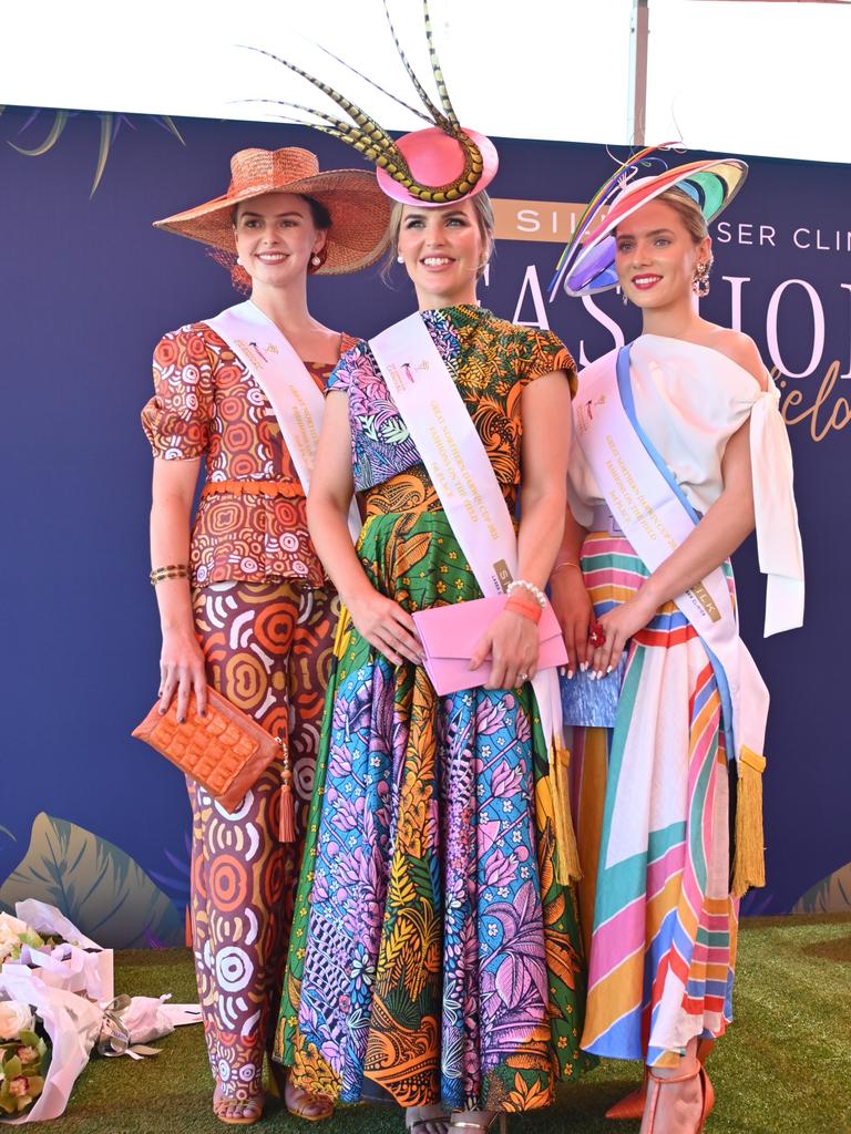 The winners of the 2021 Darwin Cup Fashions on the Field competition: Mietta Russell (Womens' Final), Hannah Burns (Overall Winner) and Jaimee Bruggemann (Millinery Final). Picture: Julianne Osborne