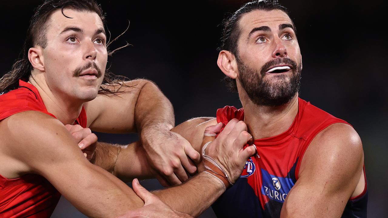 Melbourne's Brodie Grundy (right) goes head-to-head with Essendon ruckman Sam Draper in the Round 5 Gather Round clash at Adelaide Oval. Picture: Michael Klein