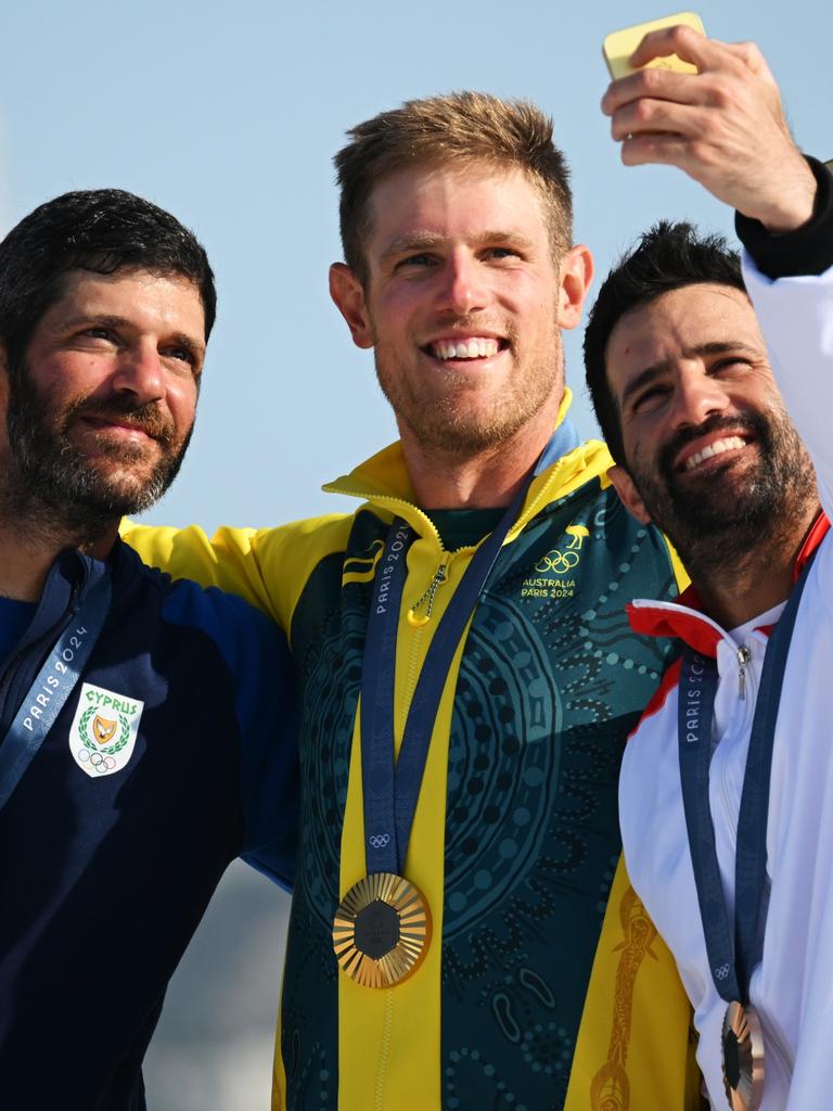 Pavlos Kontides of Team Cyprus, gold medallist Matt Wearn and bronze medallist Stefano Peschiera.