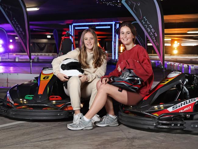 Pictured are sisters Tika MacMaster and Jess MacMaster at Hyper Karting on level 5 of the multi story car park at The Entertainment Quarter in Moore Park.The business is able to operate due to its social distancing and the fact that it is hard work to drive the karts at speed.Picture: Richard Dobson