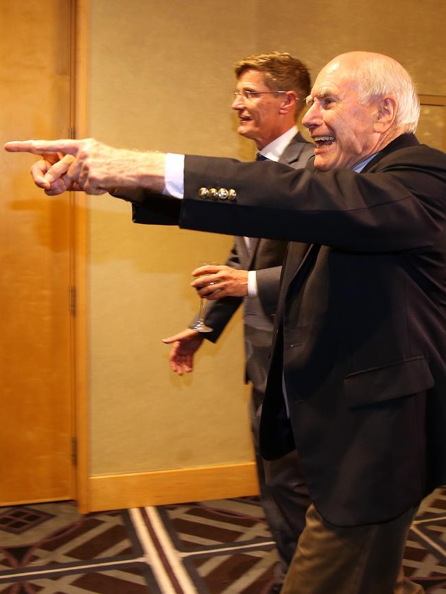 An excited John Howard arrives at the victory celebration. Picture: Sam Ruttyn