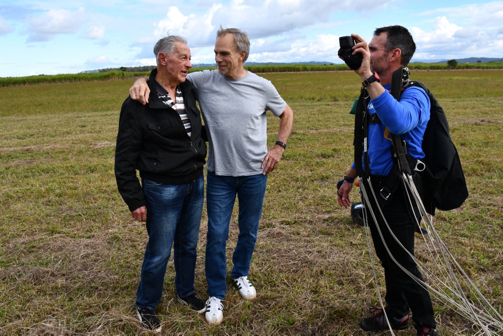 Bob Sherwell, who is about to turn 87, shares his second charity skydive with Pastor Joel Baker, of Flametree Baptist Church.