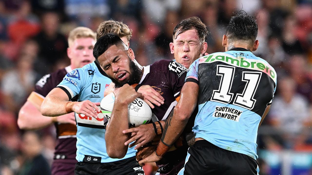 Payne Haas played through the pain barrier against the Sharks. Picture: Bradley Kanaris/Getty