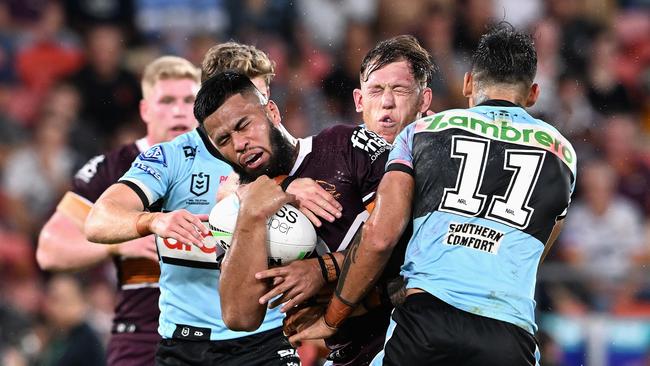 Payne Haas played through the pain barrier against the Sharks. Picture: Bradley Kanaris/Getty