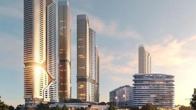 The Star Gold Coast Masterplan Development (viewed from Broadbeach) — the site is home to the original hotel and gaming complex, the Darling suite hotel and Nineteen restaurant and bar, Tower 1 to start construction in August, 2018 and four proposed further towers