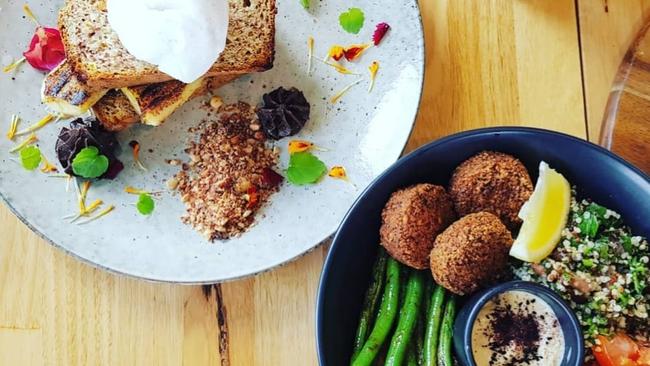 The cafe’s homemade banana bread and the Middle Eastern buddha bowl.