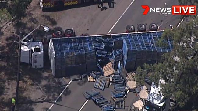 One of two semi-trailers involved in the crash at Milperra. Picture: 7News