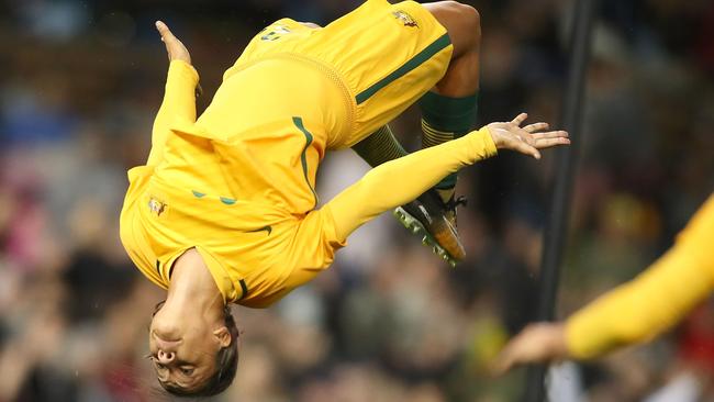 Sam Kerr’s iconic backflip celebration. Picture: Getty