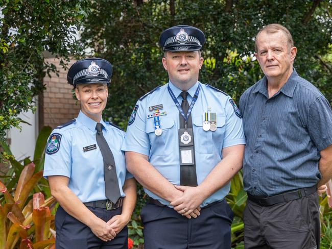 New officer Sarah Harmer, her husband with his step dad are a family of police officers with ties to the parade ground. (Photo: Queensland Police)