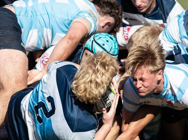 06/07/23. News Local. Sport.Merrylands, Sydney, NSW, Australia.2023 Australian Schools Rugby Championship at Eric Tweedale Stadium, Merrylands.Action from the boys game between NSW2 v NSW BarbariansBBÃs Finn Graham at the centre of some intense forwards actionPicture: Julian Andrews