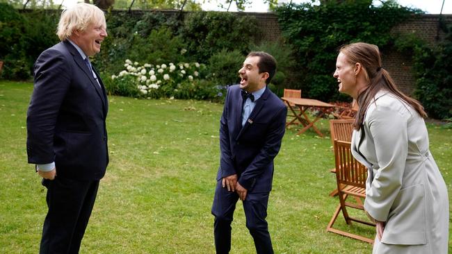 A handout image released by 10 Downing Street, shows, from left, Boris Johnson, staff nurse Luis Pitarma and Ward Sister Jenny McGee after his release from hospital. Picture: Andrew Parsons / 10 Downing Street / AFP