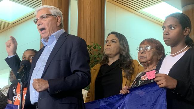 Nyunggai Warren Mundine with 22 Indigenous community leaders promoting the No case in opposition to the voice in Parliament House in Canberra. Picture: Sarah Ison