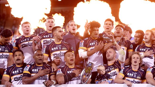 The Brumbies cheer in celebration of their win. Picture: Getty Images