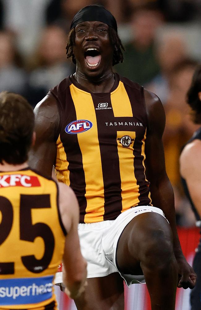 Mabior Chol kicked three for the Hawks on Thursday night. Picture: Michael Willson/AFL Photos via Getty Images.