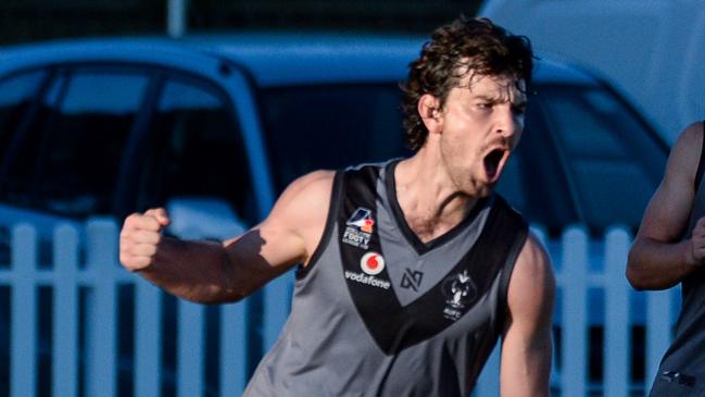 Adelaide Uni’s Ryan Marini celebrates a goal in the Black’s thrilling win over Brighton in round eight. Picture: Brenton Edwards