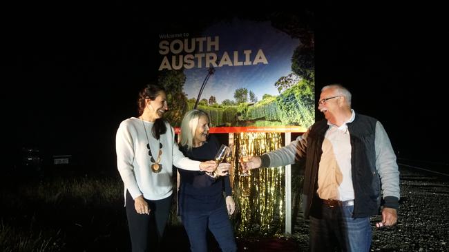 Grant Council Mayor Richard Sage (right) pictured celebrating the reopening of the Victoria-SA border with the Limestone Coast tourism industry. Picture: Jessica Ball