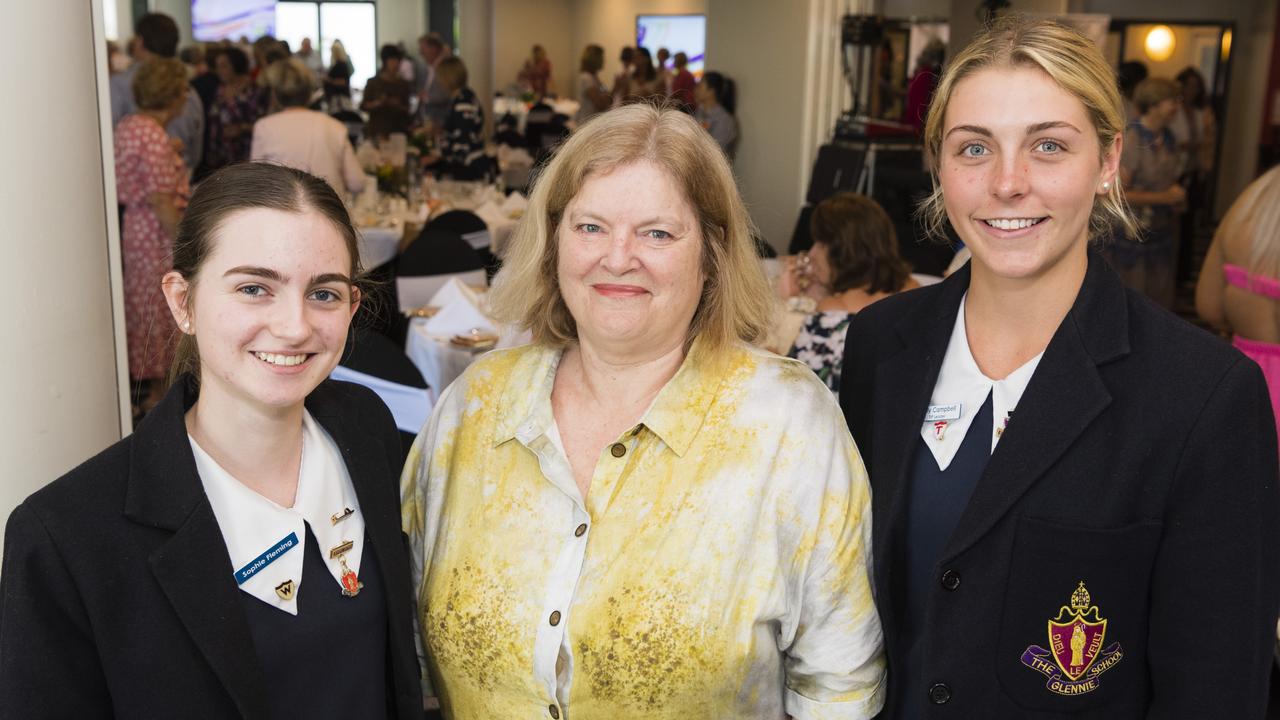 Wendy Williams with Glennie students Sophie Fleming (left) and Holly Campbell at the International Women's Day lunch hosted by Zonta Club of Toowoomba at Picnic Point, Friday, March 3, 2023. Picture: Kevin Farmer