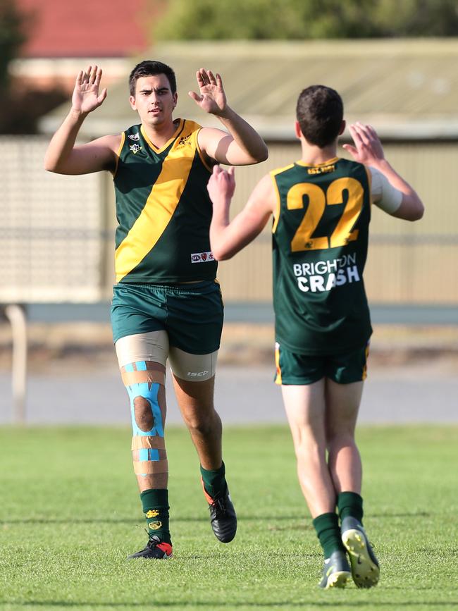 Cameron Watts celebrates a goal for Marion last season. Picture: Stephen Laffer.