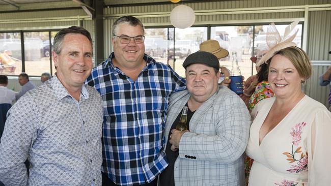 At Warwick Cup race day are (from left) Paul Gordon, Feathers McCosker, Shannon Marshall and Samantha McCosker at Allman Park Racecourse, Saturday, October 14, 2023. Picture: Kevin Farmer