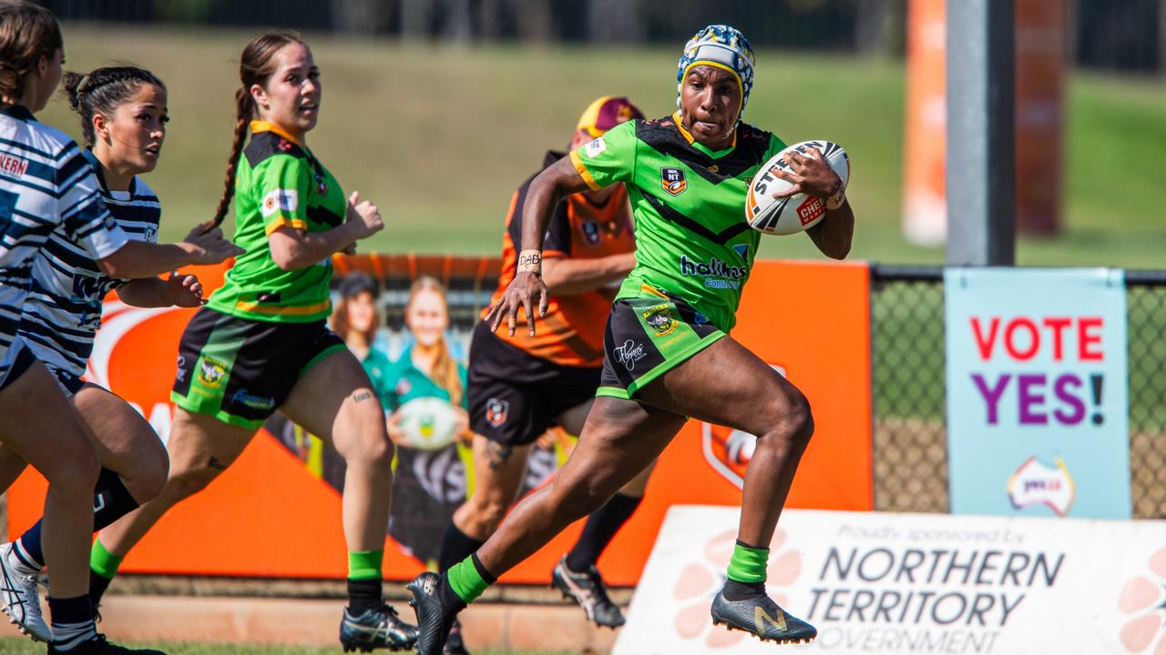 Palmerston Raiders' Kagui Gimini on the run against Darwin Brothers in the 2023 NRL NT semi finals. Picture: Pema Tamang Pakhrin