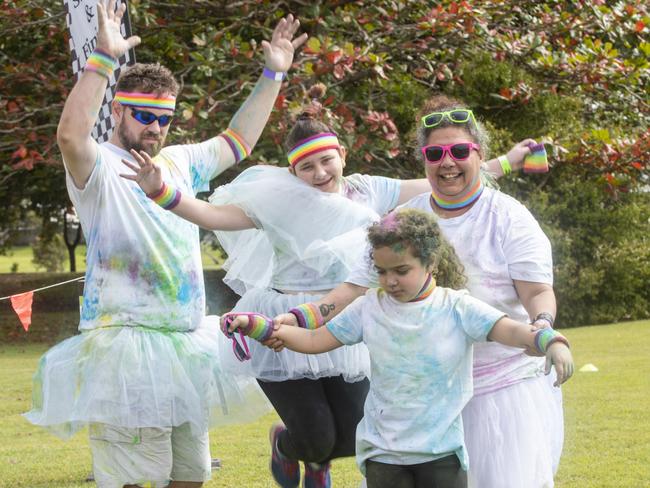 Timothy Miles, Sari Miles, Maree Masso and Alyssia Miles at the Mackay Colour Run 2021. Picture: Michaela Harlow