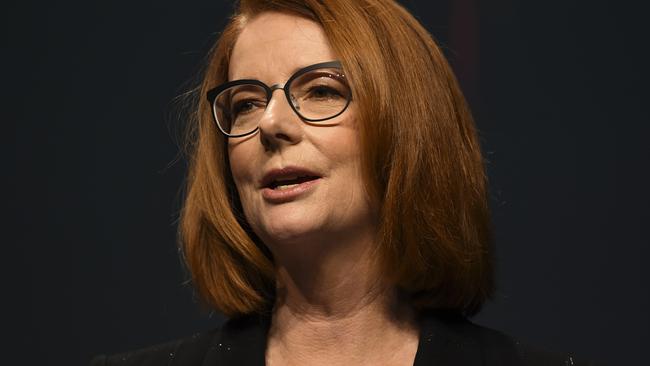 Former Australian prime minister Julia Gillard reacts during the National Apology to victims and survivors of Institutional Child Sexual Abuse at Parliament House in Canberra, Monday, October 22, 2018. (AAP Image/Lukas Coch) NO ARCHIVING