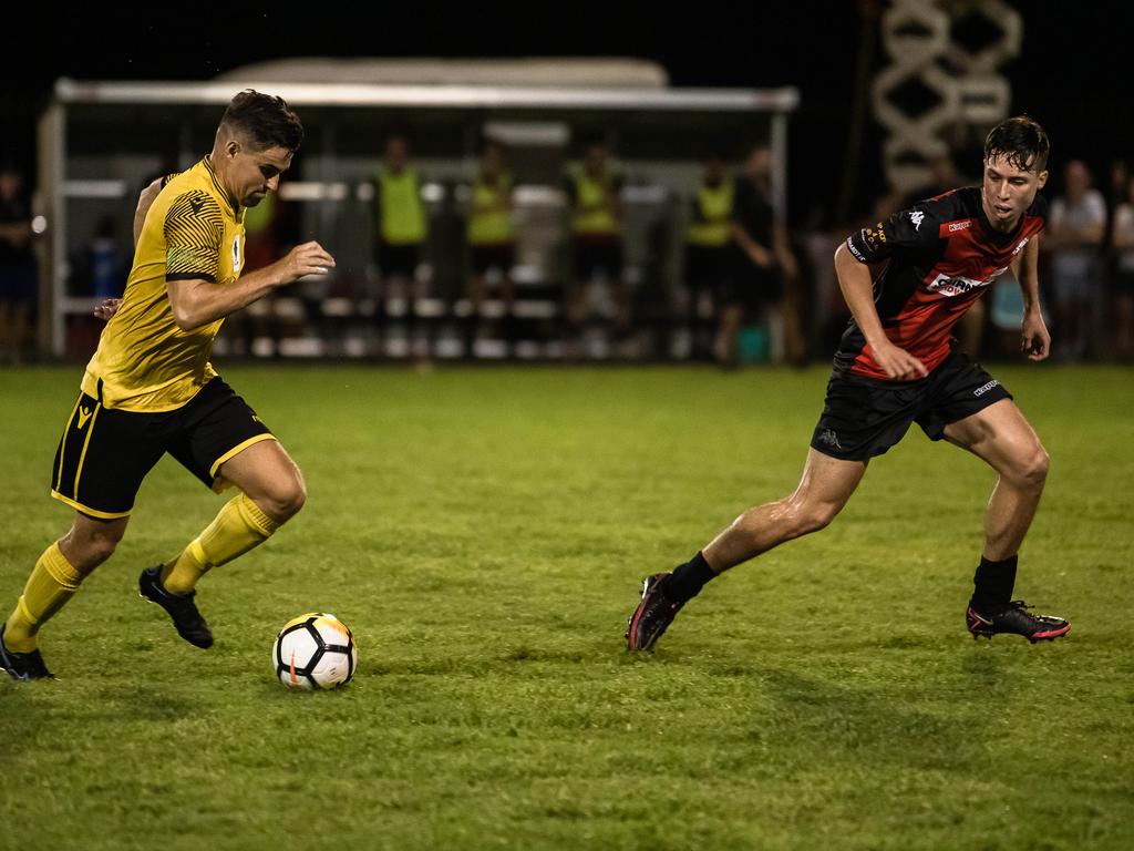 Edge Hill United's Ryan Murray heads up Field in Saturdays FNQ Premier League Grand final between Edge Hill United and Leichhardt at Endeavour Park. Picture: Emily Barker