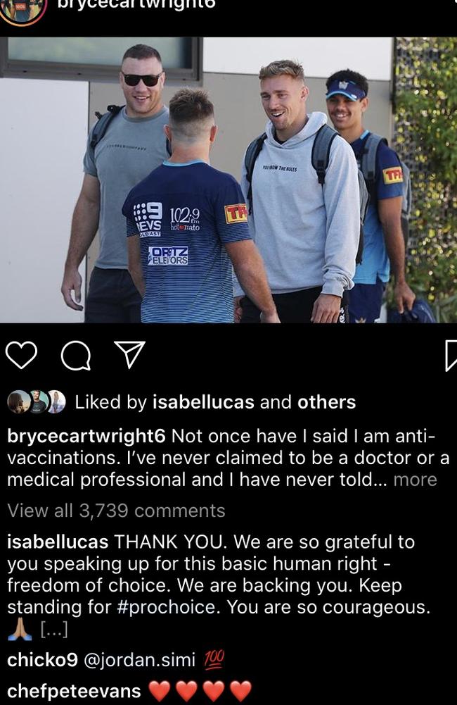 Isabel Lucas and Pete Evans support Bryce Cartwright after he was stood down by the NRL.