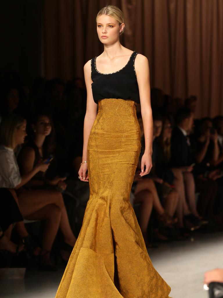 A model walks the runway during the Steven Khalil show at Mercedes-Benz Fashion Week Australia 2015. Picture: Jonathan Ng