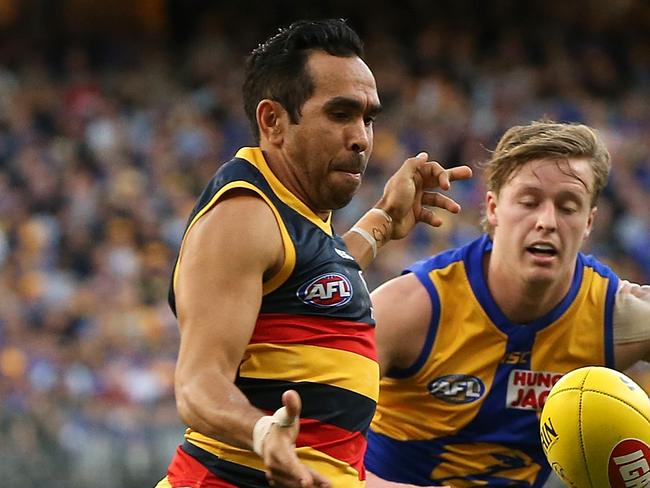 PERTH, AUSTRALIA - AUGUST 11: Eddie Betts of the Crows kicks the ball during the round 21 AFL match between the West Coast Eagles and the Adelaide Crows at Optus Stadium on August 11, 2019 in Perth, Australia. (Photo by Paul Kane/Getty Images)