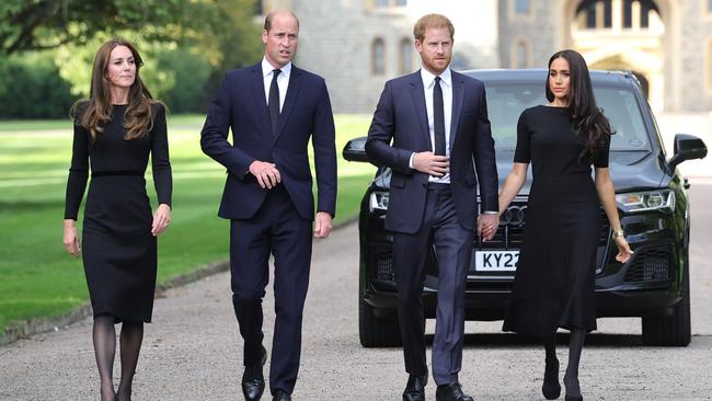 Prince Harry and Meghan joined the Prince and Princess of Wales, William and Catherine, at Windsor Castle on the nation’s second day of mourning. Picture: Chris Jackson – WPA Pool/Getty Images