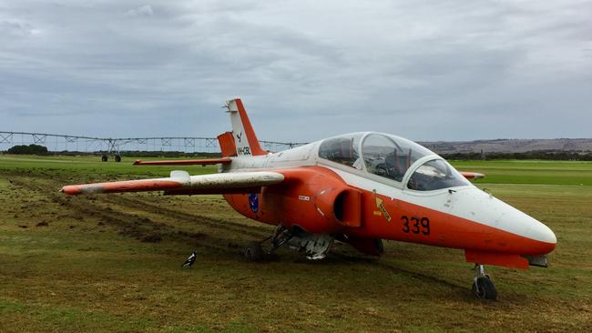 The small plane was forced to use a paddock near Kessell Rd at Goolwa as a runway when its engine failed just after midday. Picture: Gary Juleff