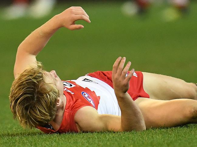 Callum Mills of the Swans is seen on the ground after a melee with Tomas Bugg of the Demons during the Round 15 AFL match between and the Melbourne Demons and the Sydney Swans at MCG in Melbourne, Friday, June 30, 2017. (AAP Image/Julian Smith) NO ARCHIVING, EDITORIAL USE ONLY