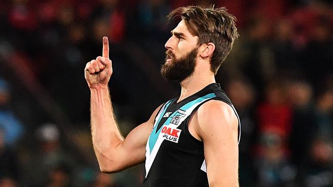 Justin Westhoff of Port Adelaide celebrates a goal during his club champion-winning season. Picture: Mark Brake/Getty Images