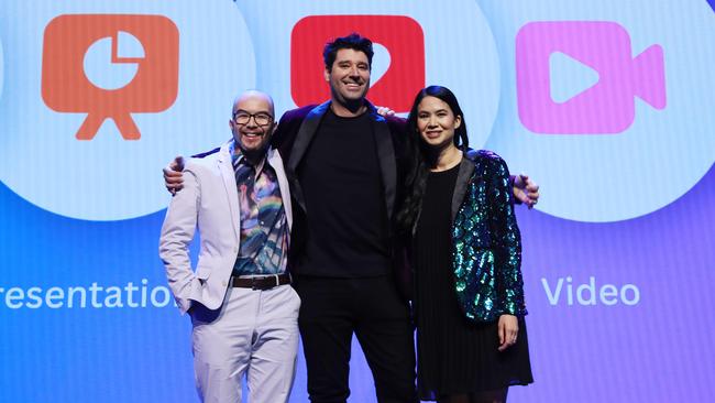 Canva co-founders Melanie Perkins, Cliff Obrecht and Cameron Adams speaking on-stage at Canva's Create event, announcing the next generation of their company. Picture: John Feder