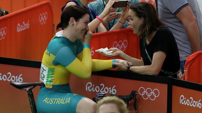 Anna Meares cries with her former adversary Victoria Pendleton after her final ride in the women's sprint. Picture: Adam Head