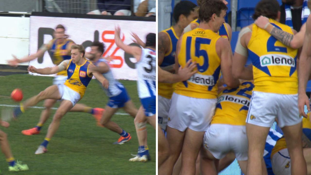 Oscar Allen kicked a clutch goal and West Coast surged past North Melbourne in a wild five-point win at Blundstone Arena.