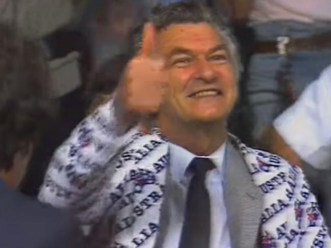 <br/>“Any boss who sacks anyone for not turning up today is a bum.” Bob Hawke at his larrikin best on the morning of the America's Cup win in 1983, Royal Perth Yacht Club. Picture: YouTube