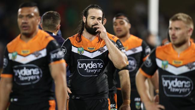 It’s nearly done for Aaron Woods and the Tigers. Picture: Brett Costello