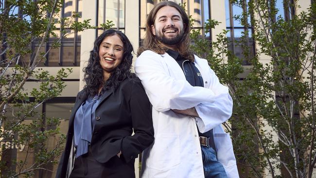 Bachelor of Laws and Legal Practice student, Khevalin Parekh with Bachelor of Education student, Mitchell Jarrett outside the Flinders University building in Adelaide. Picture: Matt Loxton