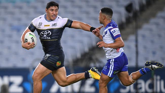 Young Canterbury half Brandon Wakeham chases Jason Taumalolo. He’s also chasing a new contract. Picture: AAP/Dan Himbrechts