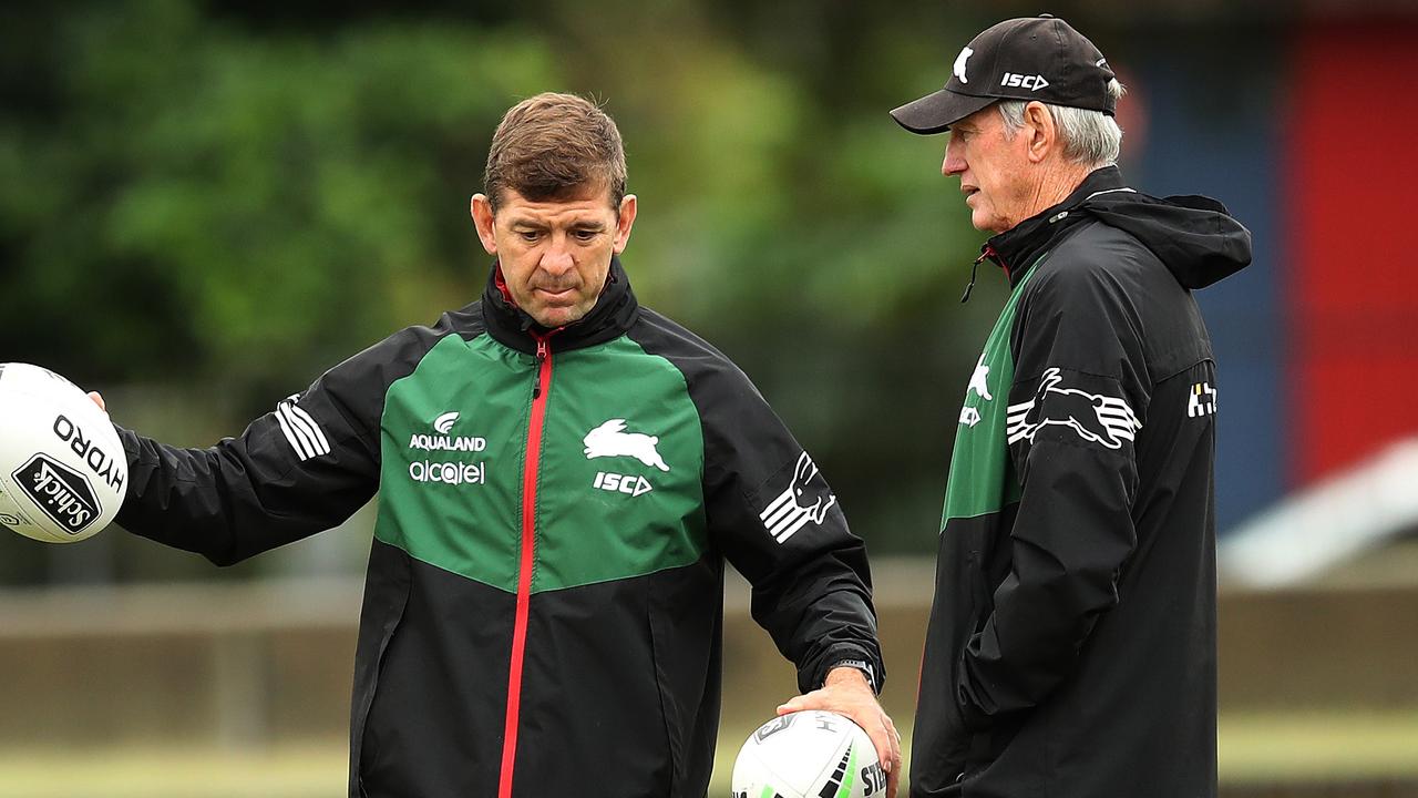Assistant coach Jason Demetriou with Wayne Bennett during South Sydney Rabbitohs training ahead of their first game of the season against the Sharks. Picture. Phil Hillyard