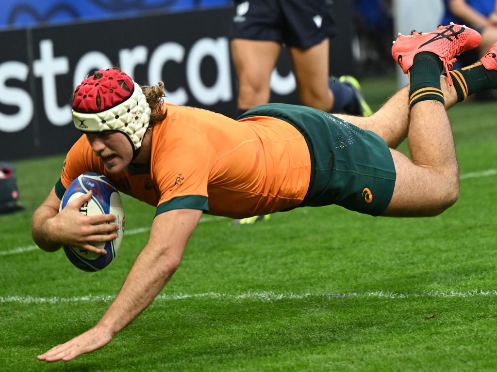 Fraser McReight scores for the Wallabies during the team’s poor Rugby World Cup campaign. Picture: AFP