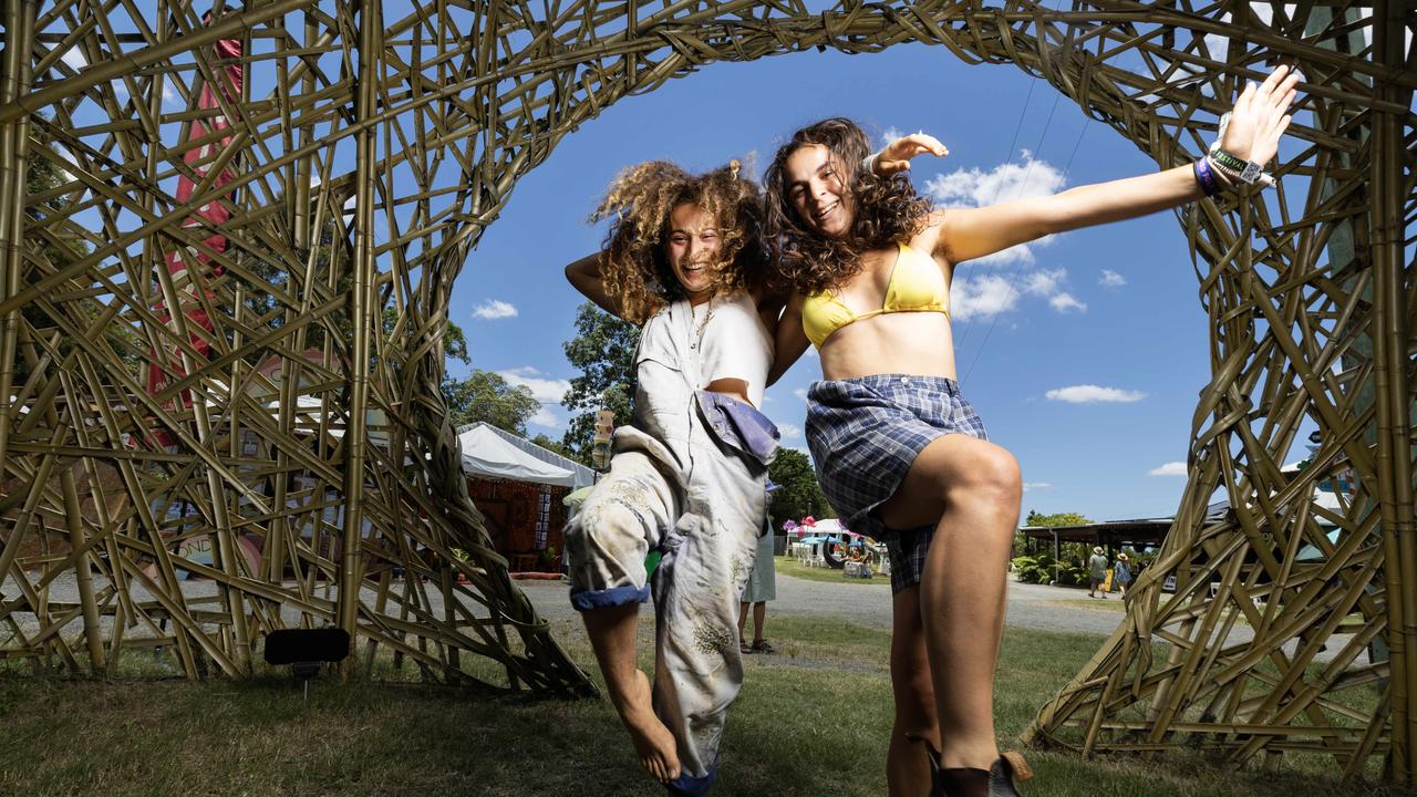 Friends Gioia Miah and Lilah Shapiro from Melbourne get into the groove at inside the Woodford Folk Festival on Boxing Day. Picture Lachie Millard