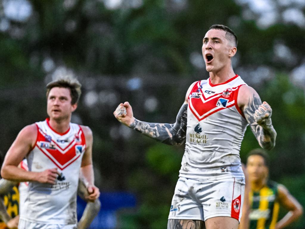 Darcy Hope celebrates a goal for Waratah against PINT in Round 9 of the 2022-23 NTFL season. Picture: Patch Clapp / AFLNT Media