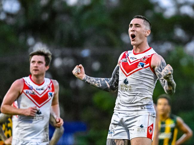 Darcy Hope celebrates a goal for Waratah against PINT in Round 9 of the 2022-23 NTFL season. Picture: Patch Clapp / AFLNT Media